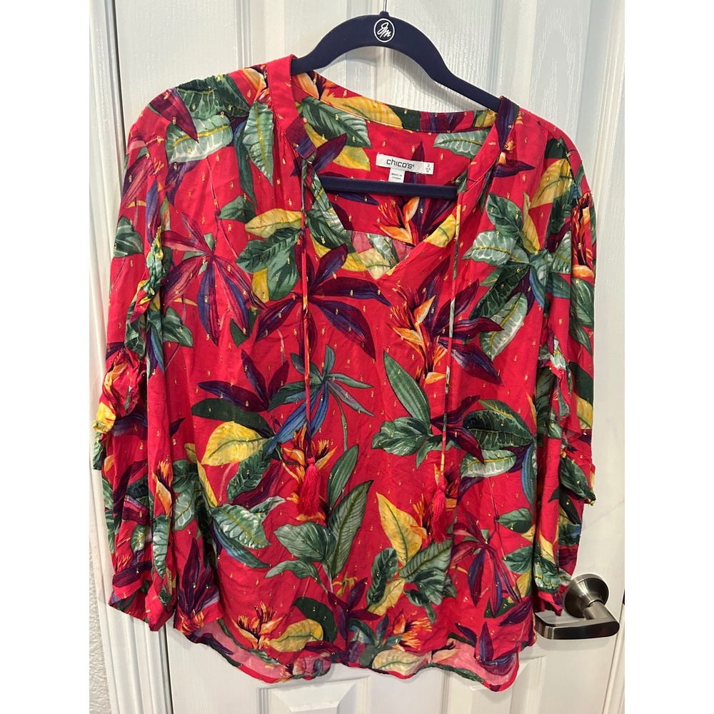 Chico's Peasant Blouse Red Tropical Floral Gold Lurex Tassel Boho Top Size 2 L